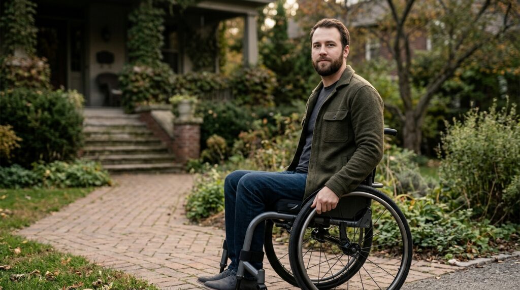 A person using a wheelchair looking forward with quiet resolve after a catastrophic spinal injury.
