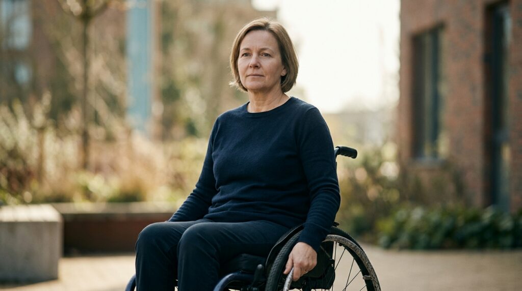 A person using a wheelchair looking forward with quiet resolve.