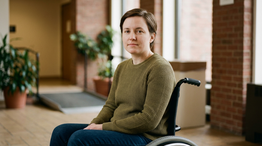 a person who uses a wheelchair looking forward with quiet resolve, catastrophic spinal injury