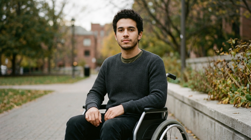 A person using a wheelchair looking forward with quiet resolve after a catastrophic spinal injury.