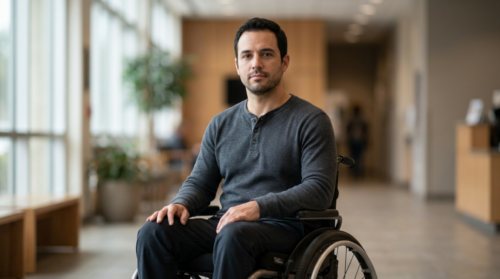 A person using a wheelchair looking forward with quiet resolve.