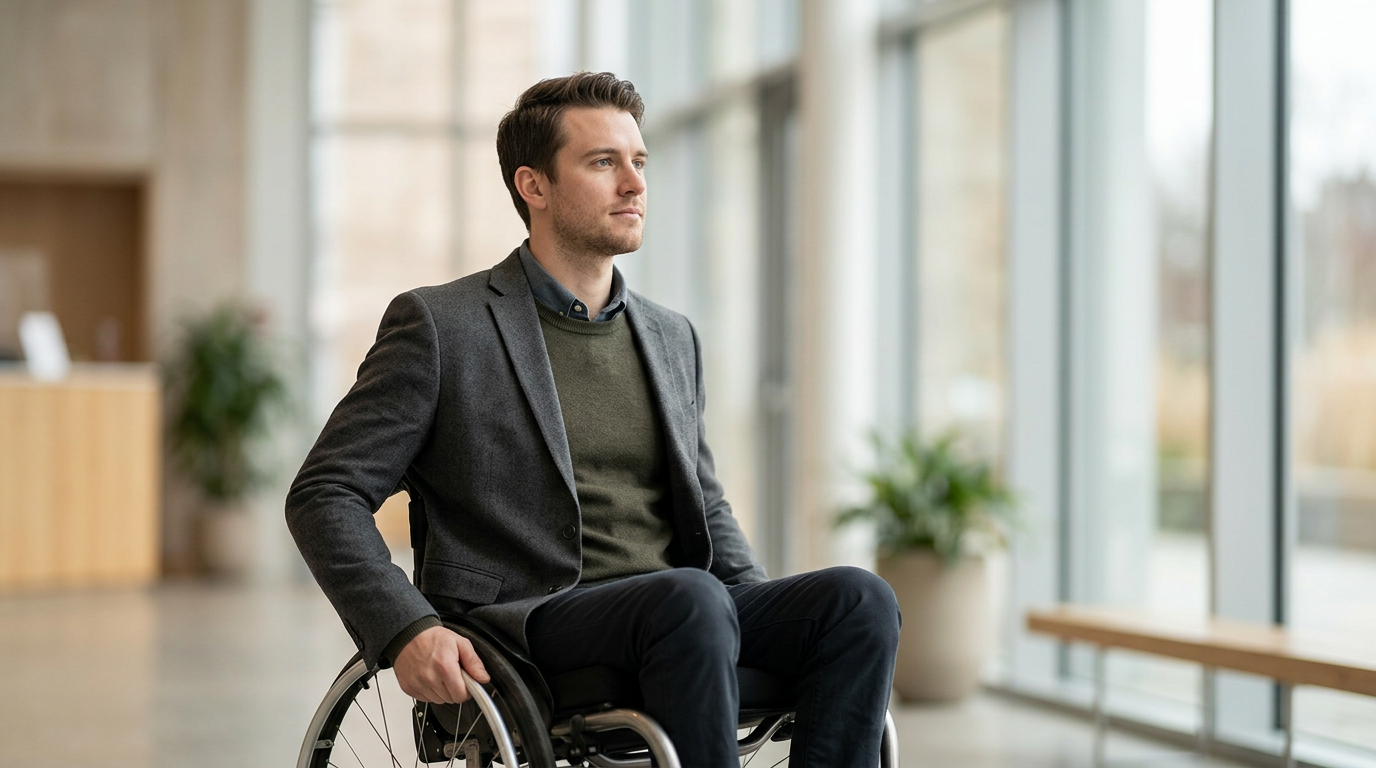 A person using a wheelchair looks forward with a quiet, resolute expression.