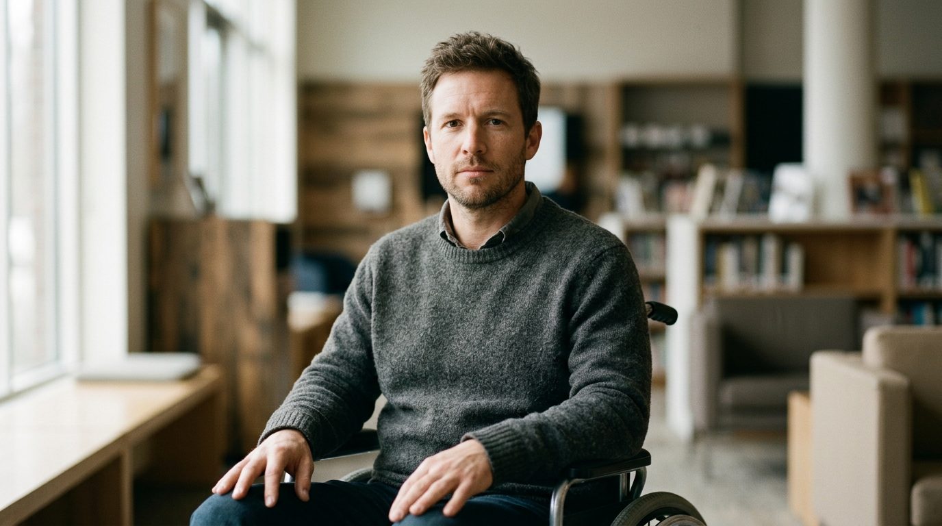 A person using a wheelchair looks forward with quiet resolve after a catastrophic spinal injury.