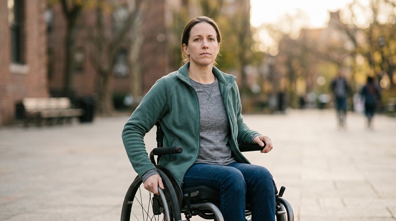 A person using a wheelchair looks forward with quiet resolve after a catastrophic spinal injury.