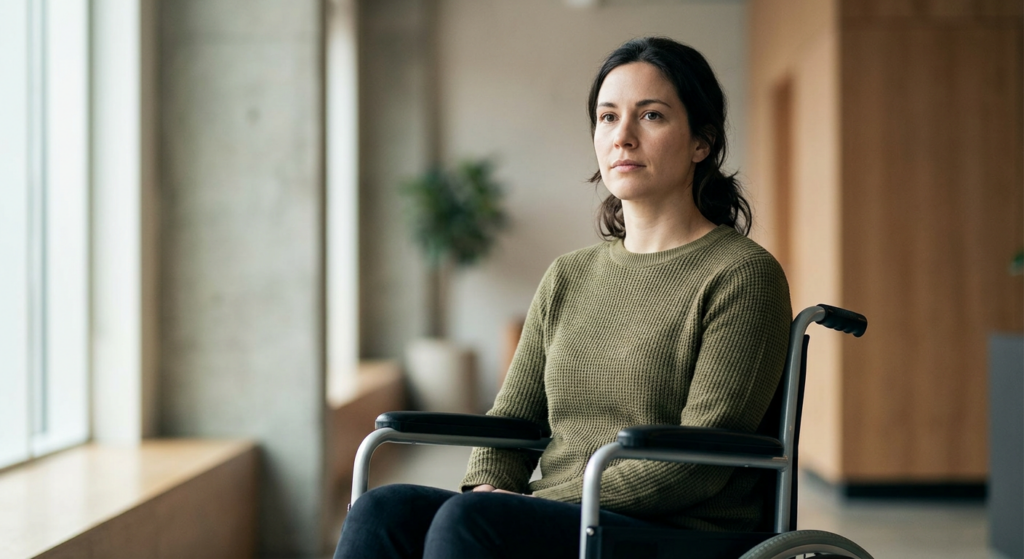 A person using a wheelchair looks forward with quiet resolve after a catastrophic spinal injury.