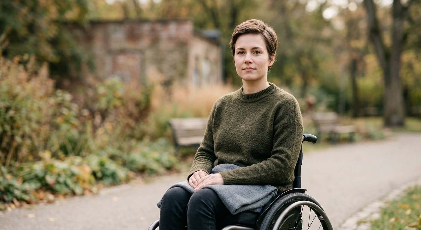 A person using a wheelchair looks forward with quiet resolve.