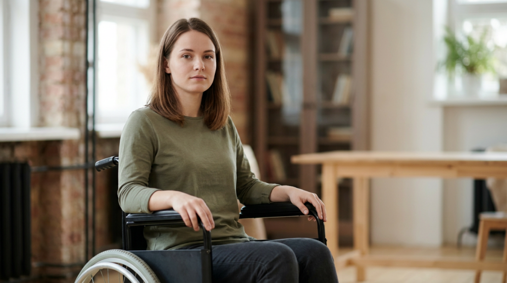 A person using a wheelchair looks forward with quiet resolve.
