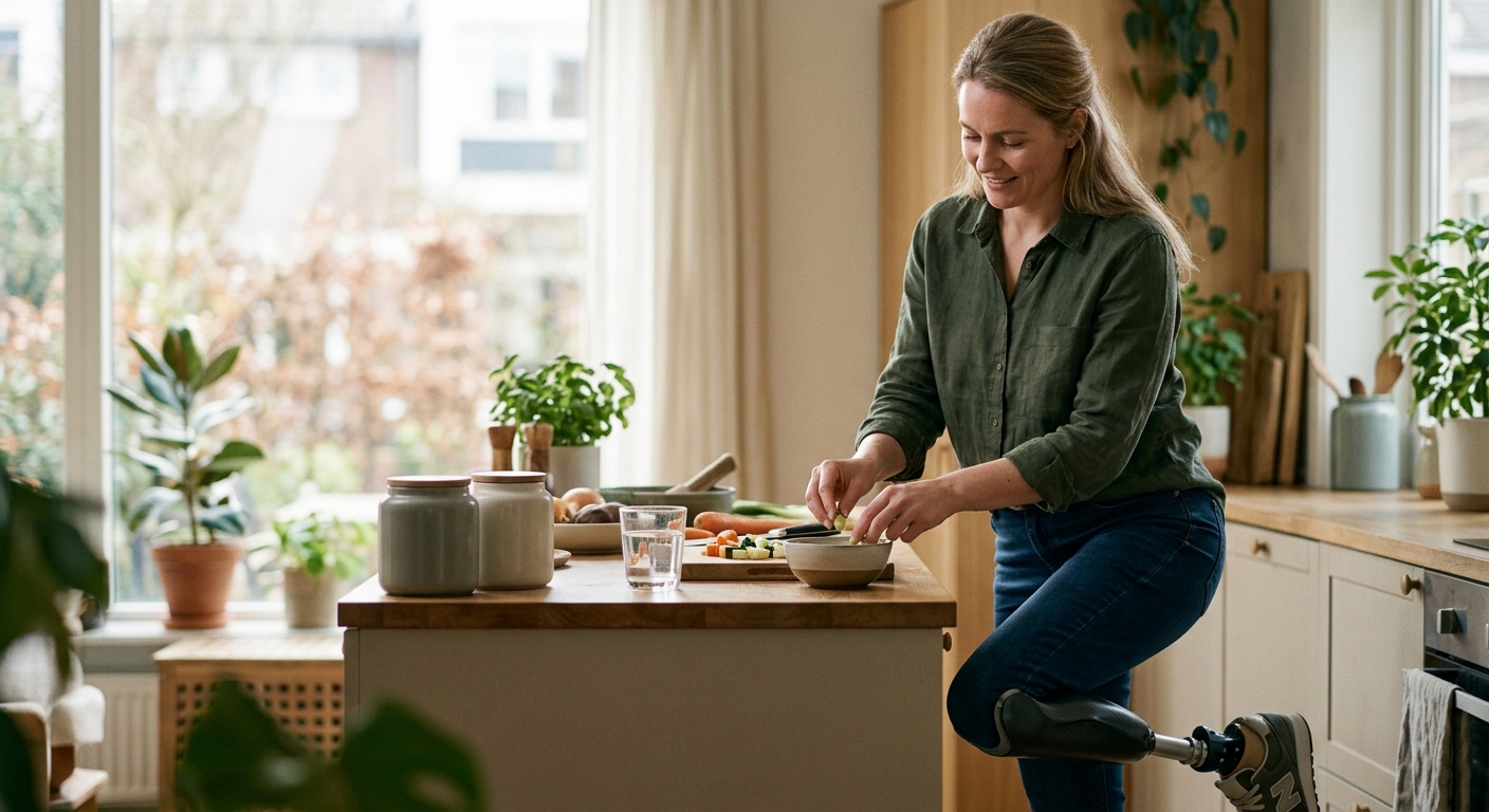 A person with a prosthetic leg practicing walking to rebuild daily independence after an amputation.