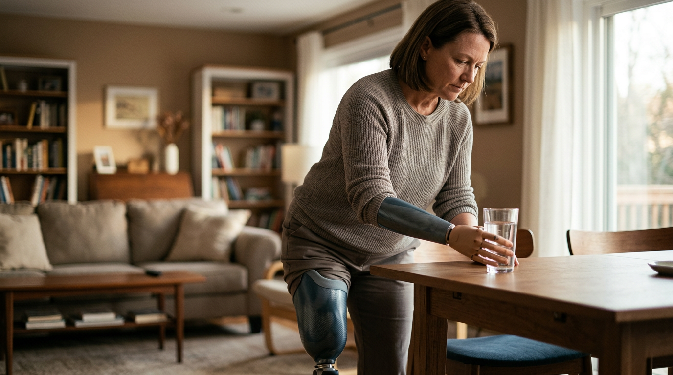 A person with a prosthetic leg rebuilding daily independence after an amputation.