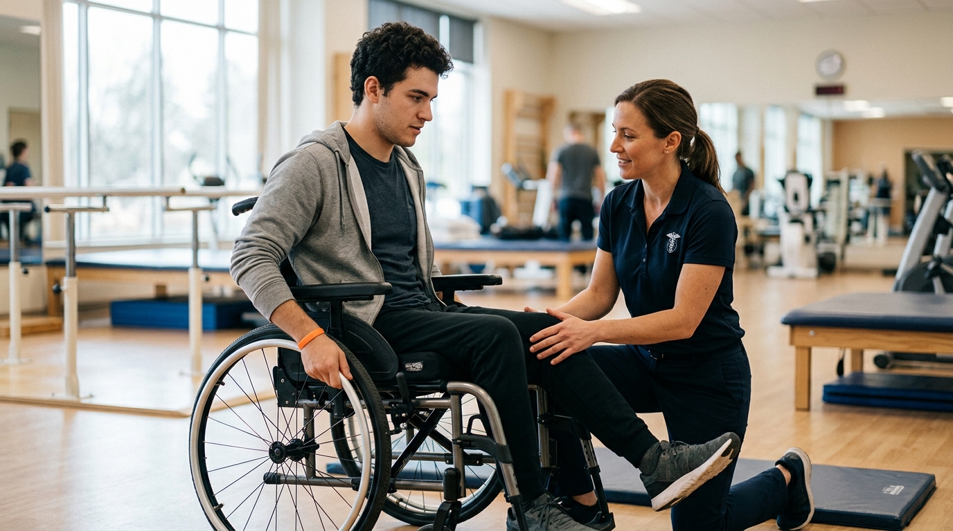 A physical therapist assists a young adult using a wheelchair in a spinal cord injury rehabilitation gym.