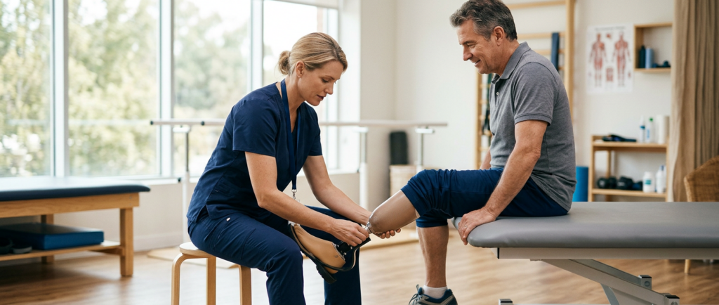 A rehabilitation specialist fitting a prosthetic limb to a patient in a bright clinic.