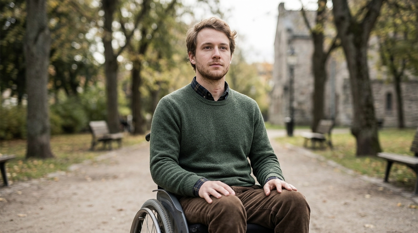 A wheelchair user gazing ahead with quiet resolve after a catastrophic spinal injury.