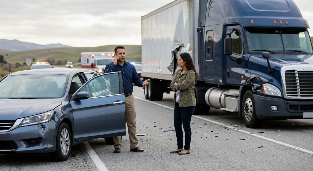 Abogado examinando daños en vehículos tras accidente vehicular grave.