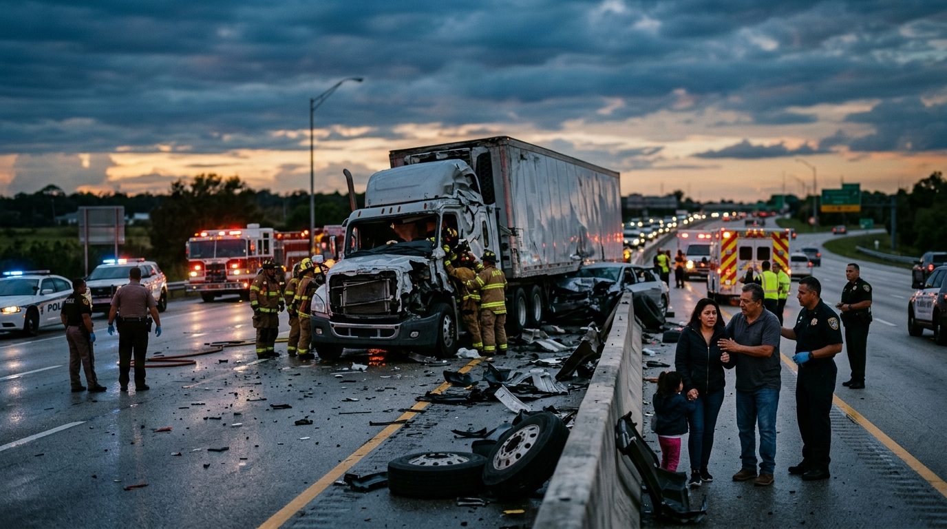 Abogado examinando escena de accidente vehicular grave en carretera al atardecer.