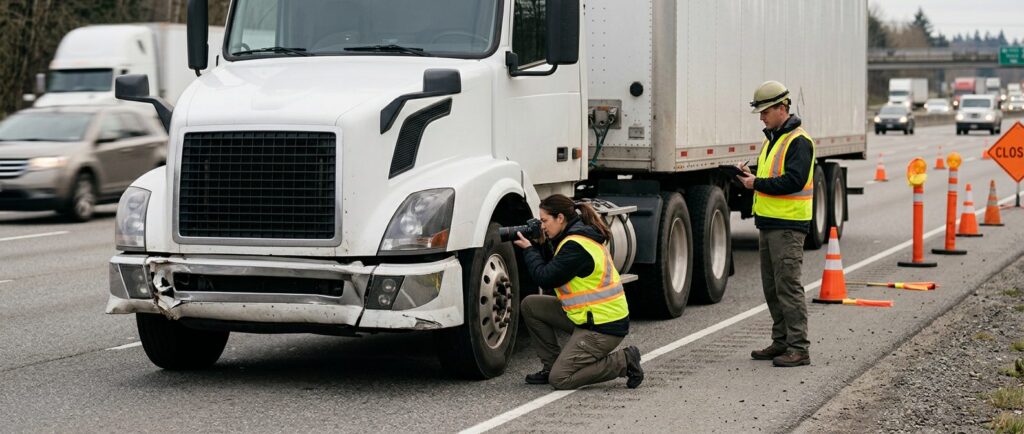 Accident investigators document damage to vehicles on a closed highway lane.