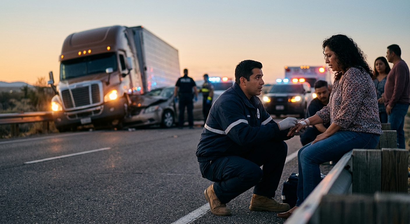 Accidente de camión comercial en carretera al atardecer con personas hispanas.
