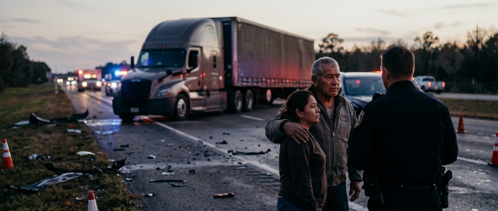 Accidente de camión comercial en carretera al atardecer con personas hispanas.