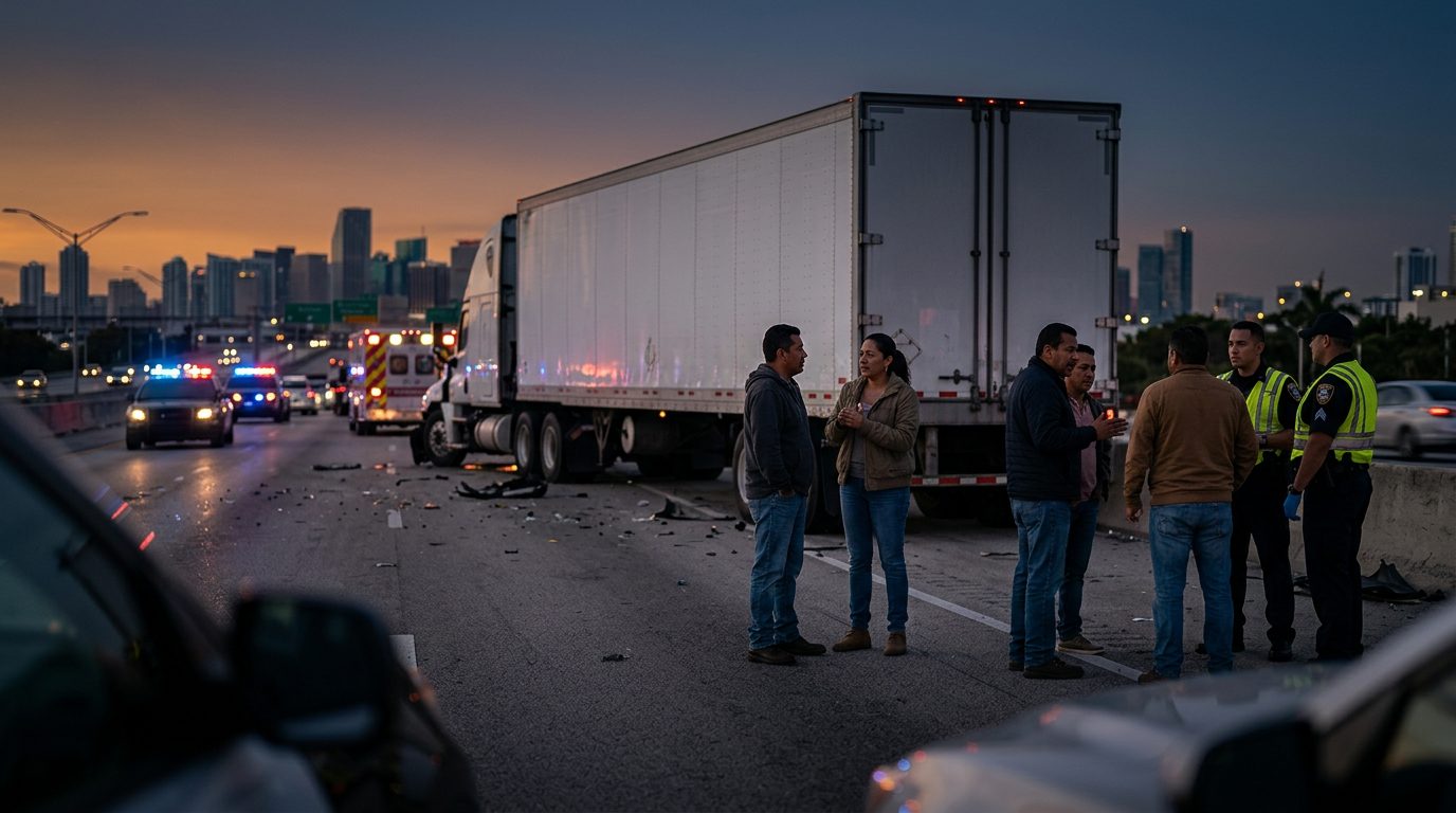 Accidente de camión comercial en carretera con daños graves al atardecer.
