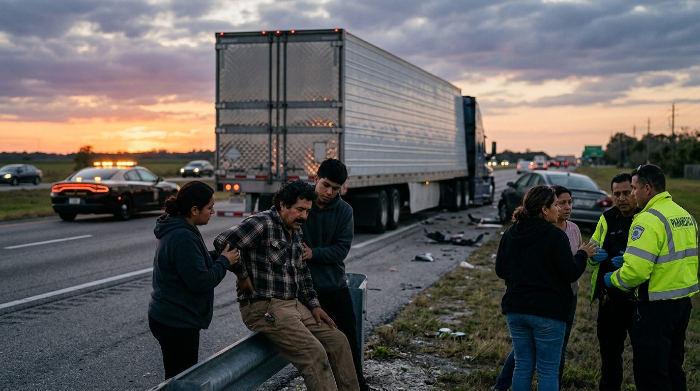 Accidente de camión comercial en carretera con personas hispanohablantes.