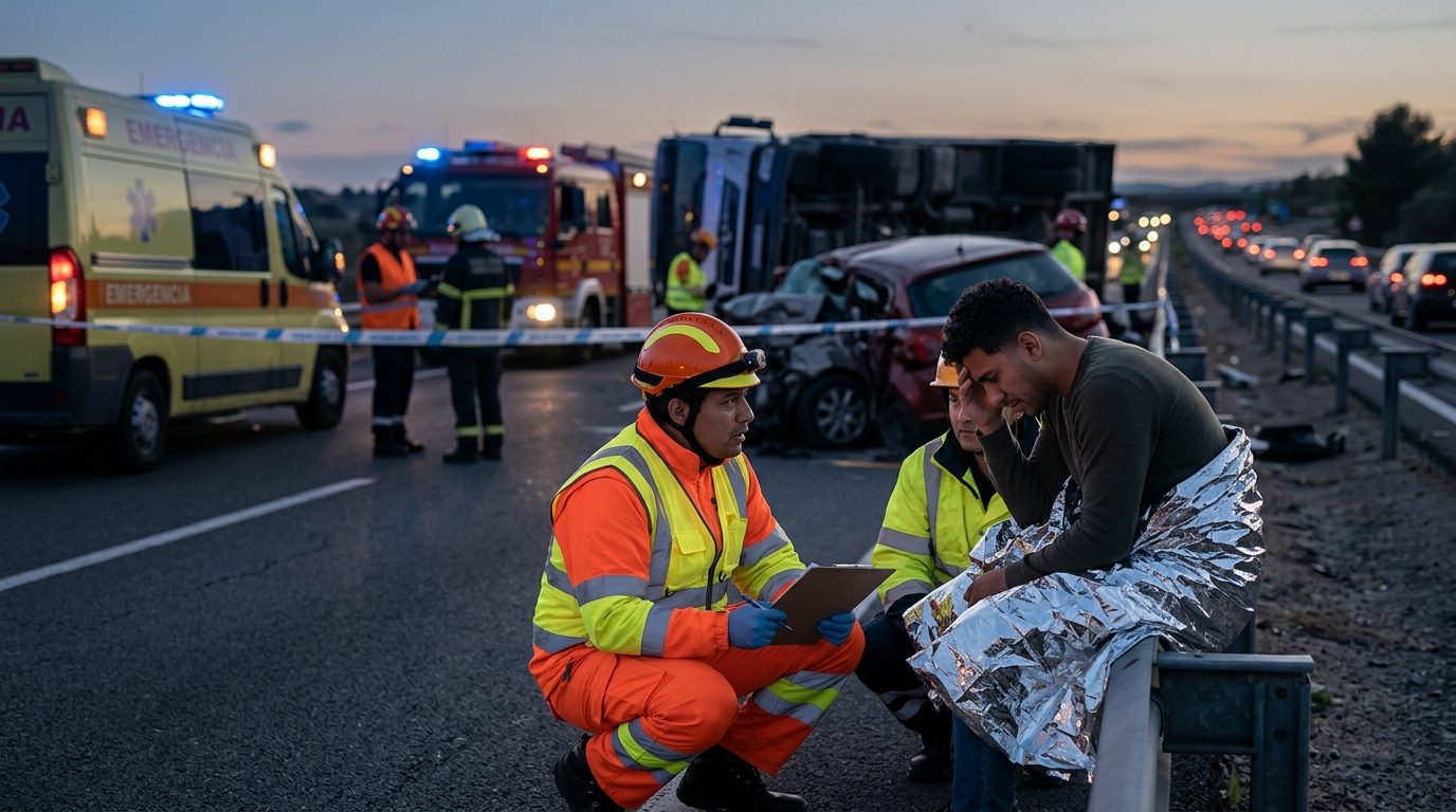 Accidente de camión comercial en carretera con personas hispanas evaluando los daños.