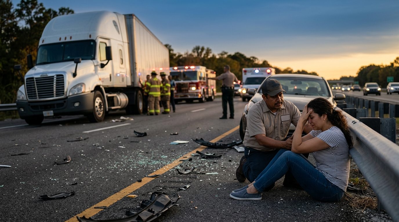 Accidente de camión comercial en carretera con personas hispanohablantes afectadas.