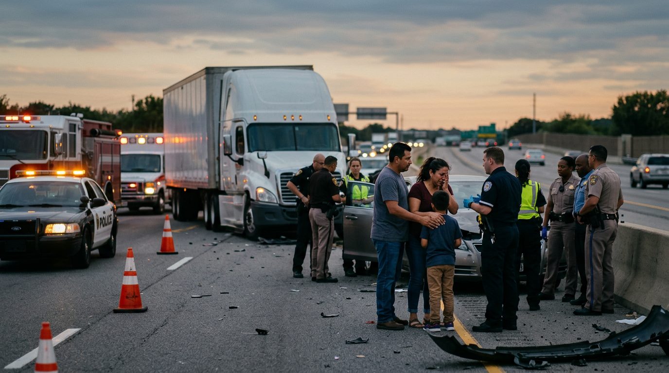 Accidente de camión comercial en carretera con personas hispanas y latinas.