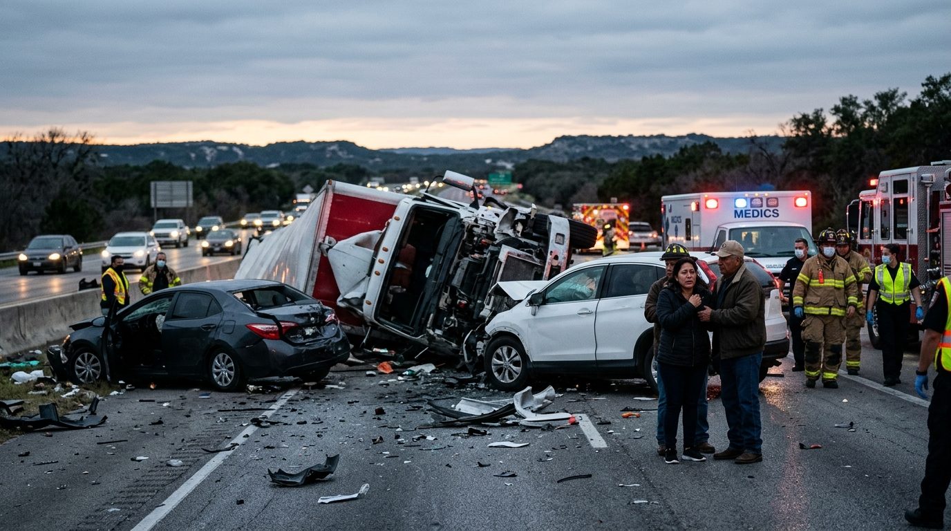Accidente grave de camión comercial en carretera al atardecer con personas hispanohablantes.