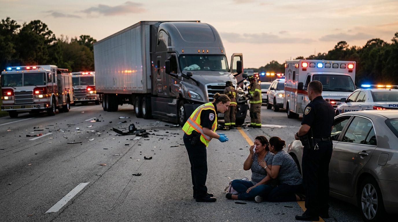Accidente grave de camión comercial en carretera al atardecer con personas hispanohablantes.