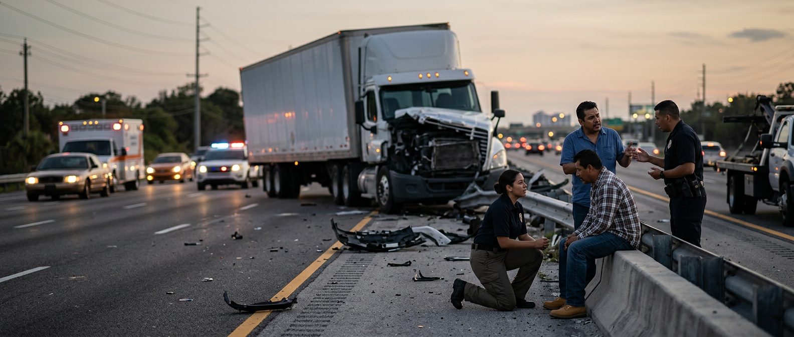 Accidente grave de camión comercial en carretera al atardecer con personas hispanas.