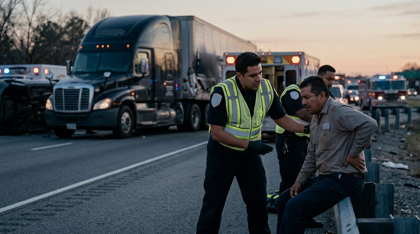 Accidente grave de camión comercial en carretera al atardecer con personas hispanas.
