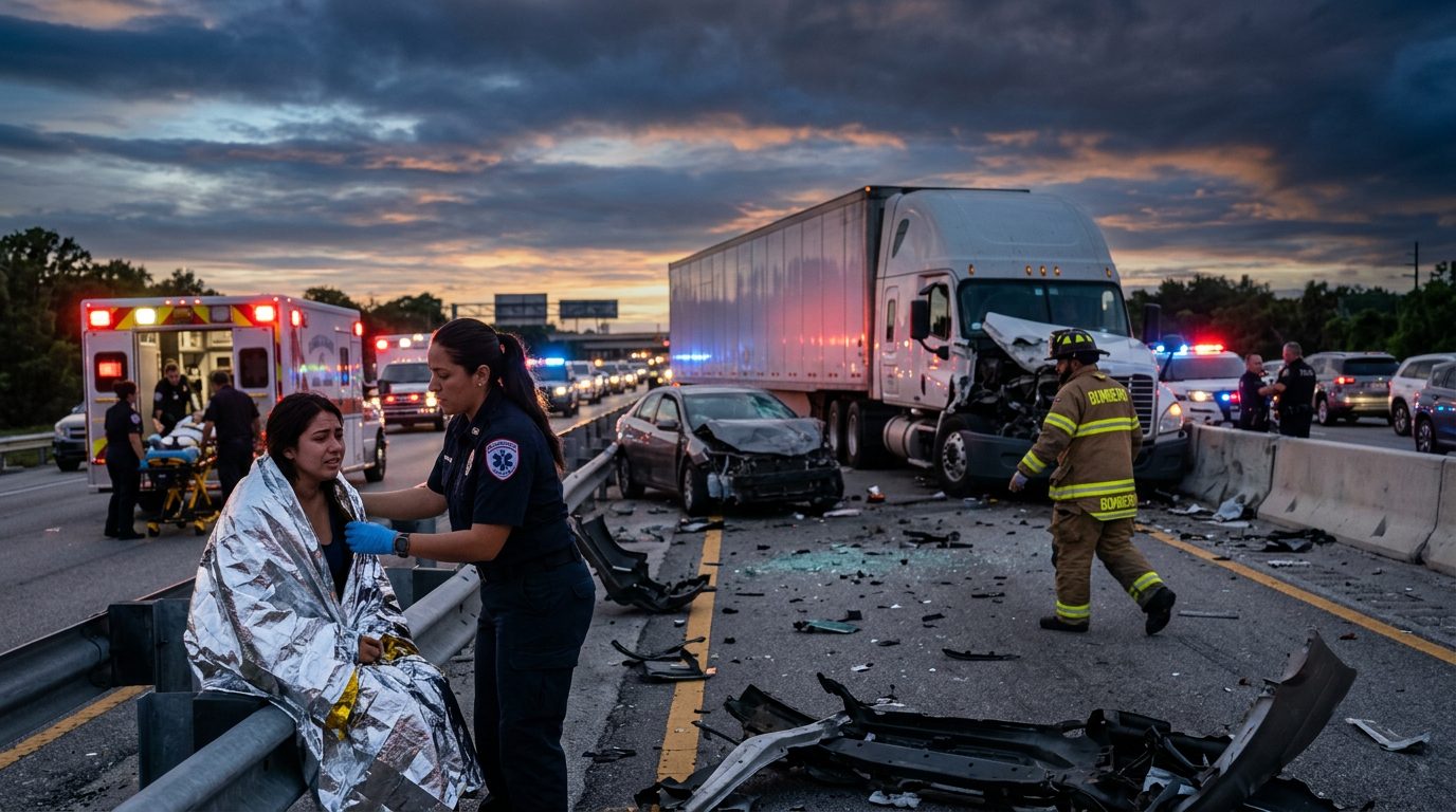 Accidente grave de camión comercial en carretera al atardecer con personas hispanohablantes.