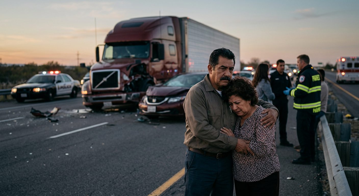 Accidente grave de camión comercial en carretera al atardecer con personas hispanas.