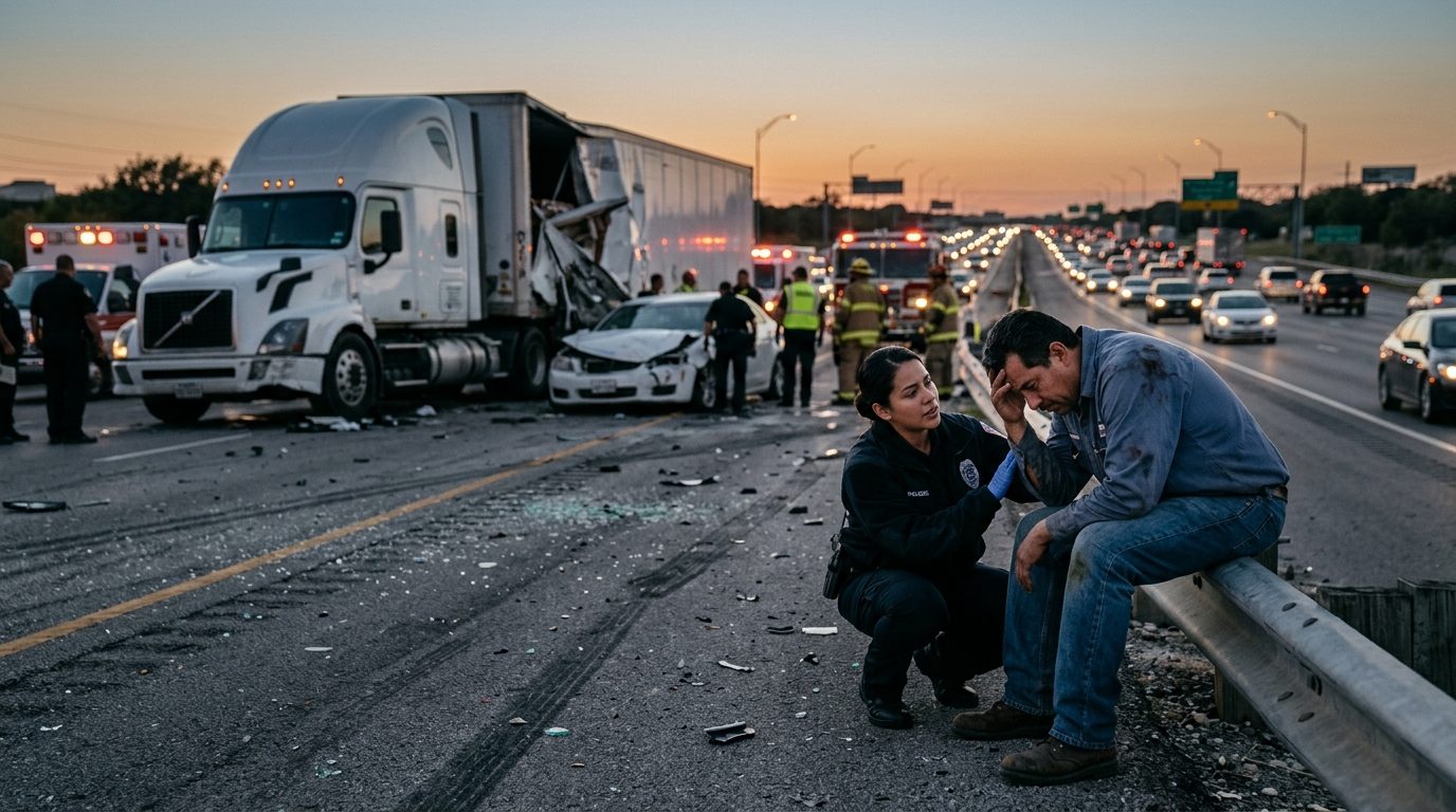 Accidente grave de camión comercial en carretera al atardecer con personas hispanohablantes.