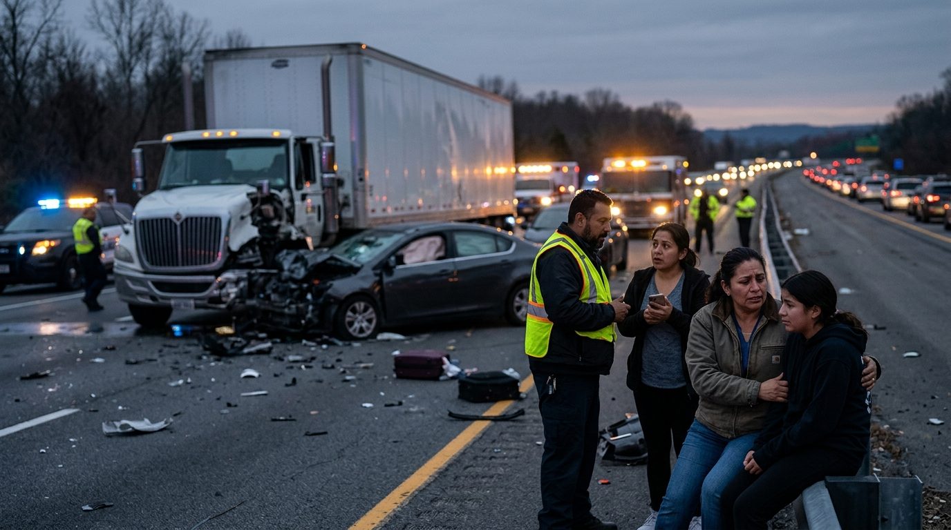 Accidente grave de camión comercial en carretera al atardecer con personas hispanohablantes.