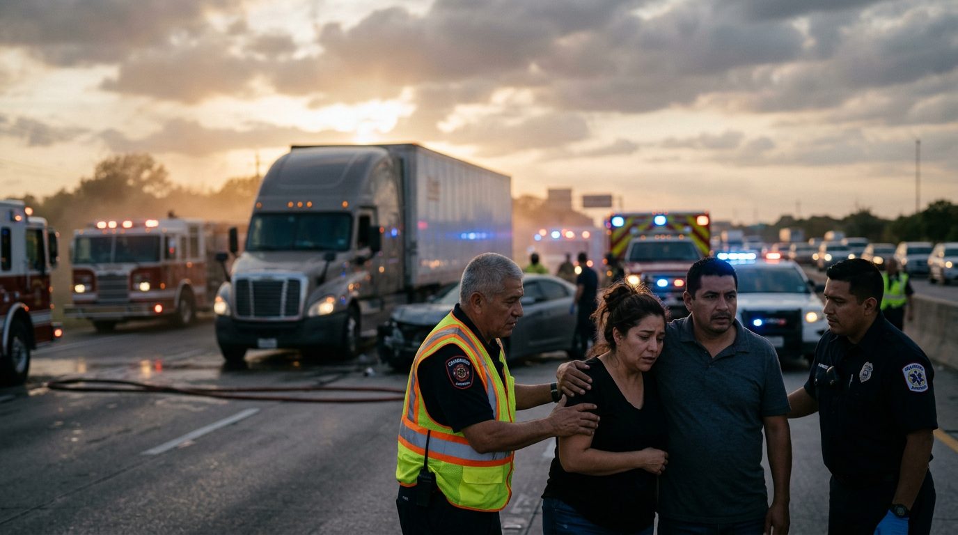 Accidente grave de camión comercial en carretera al atardecer con personas hispanas.