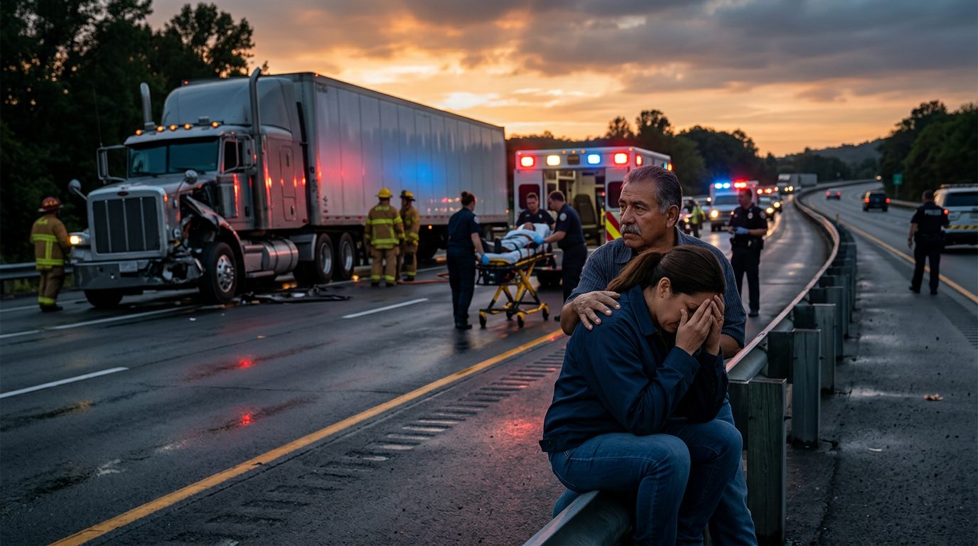 Accidente grave de camión comercial en carretera al atardecer con personas hispanas.