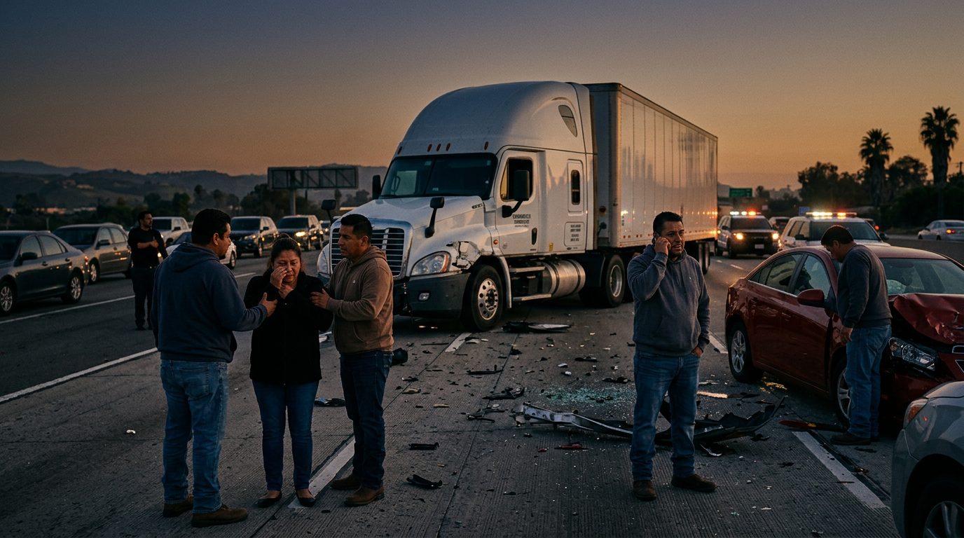 Accidente grave de camión comercial en carretera al atardecer con personas hispanas.