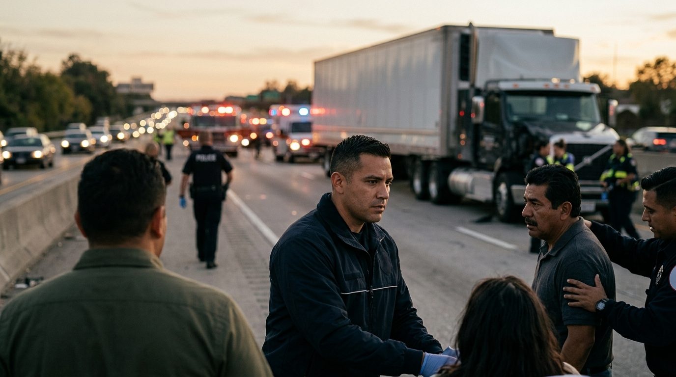 Accidente grave de camión comercial en carretera al atardecer con personas hispanas.