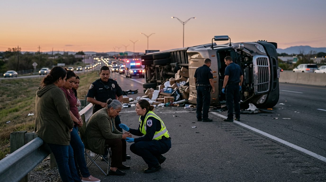 Accidente grave de camión comercial en carretera al atardecer con personas hispanohablantes.