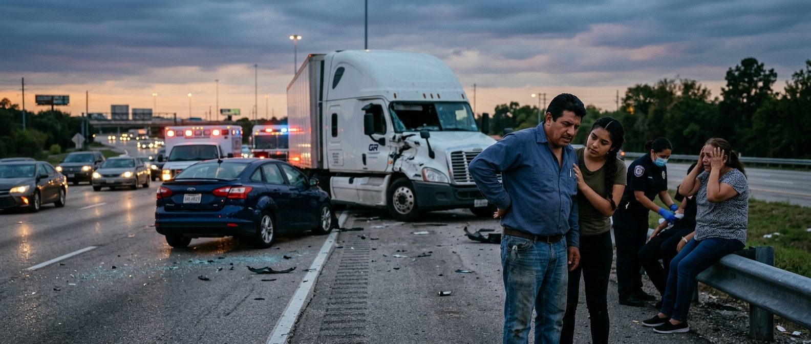 Accidente grave de camión comercial en carretera al atardecer con personas hispanas.