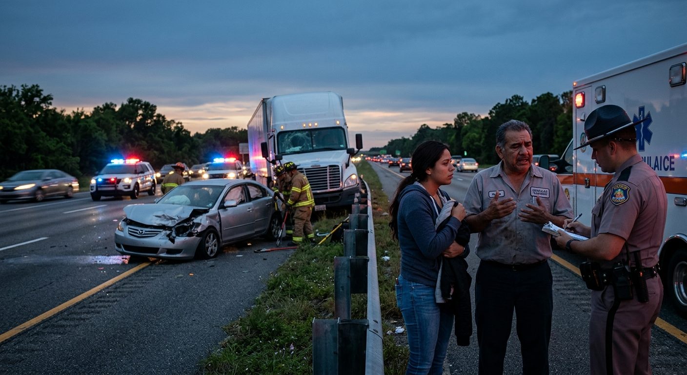 Accidente grave de camión comercial en carretera al atardecer.