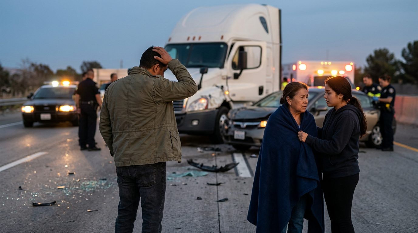 Accidente grave de camión comercial en carretera al atardecer con personas hispanas.