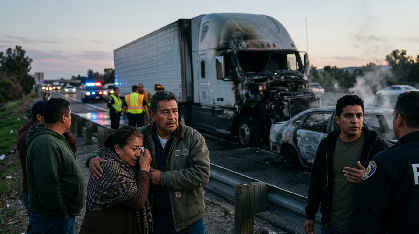 Accidente grave de camión comercial en carretera al atardecer con personas hispanolas.