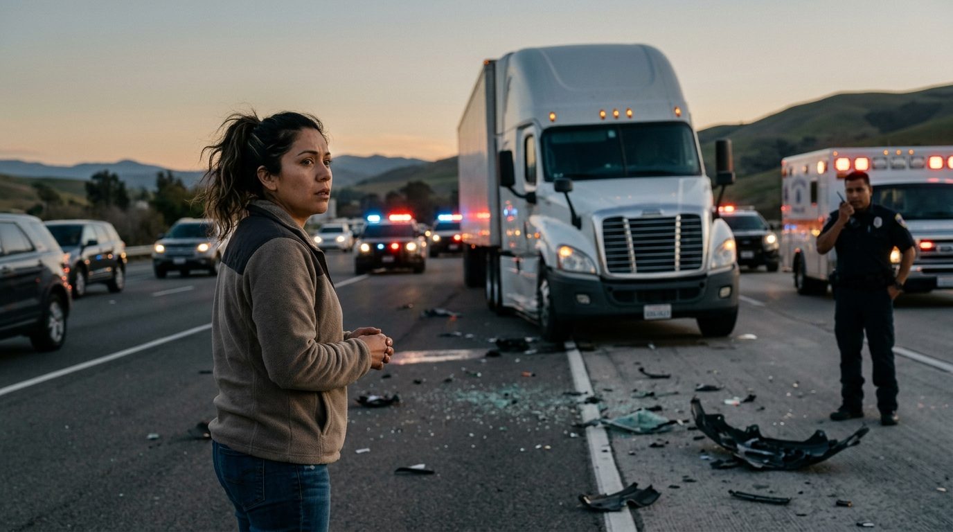 Accidente grave de camión comercial en carretera al atardecer con personas hispanas.