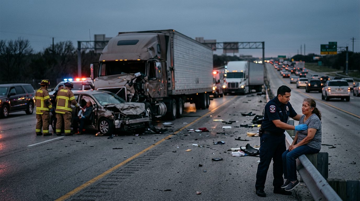 Accidente grave de camión comercial en carretera al atardecer con personas hispanas.