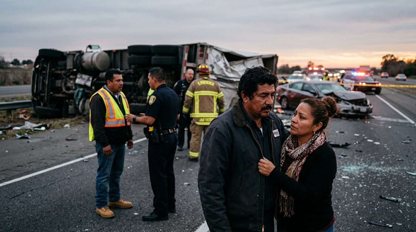 Accidente grave de camión comercial en carretera al atardecer con personas hispanolas.