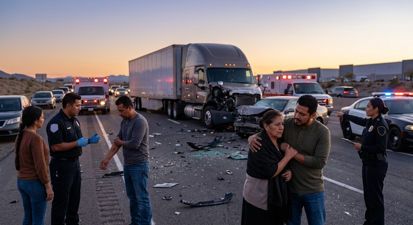 Accidente grave de camión comercial en carretera al atardecer con personas hispanas.