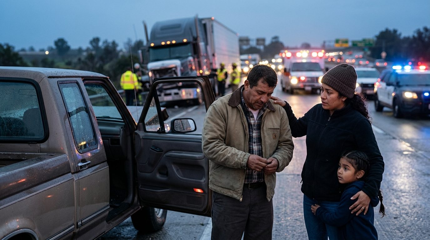 Accidente grave de camión comercial en carretera al atardecer con personas hispanas.