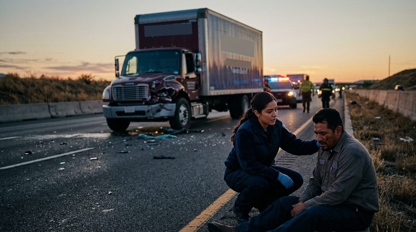 Accidente grave de camión en carretera con personas hispanas al atardecer.