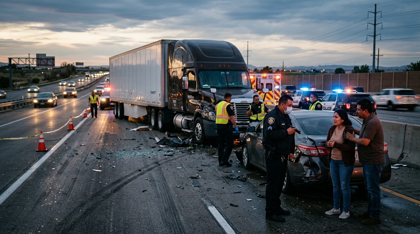 Accidente grave entre camión comercial y motocicleta en carretera al atardecer.